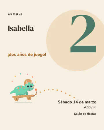Dos años de juguete. Un dos enorme y un dinosaurio de madera que lo va siguiendo.