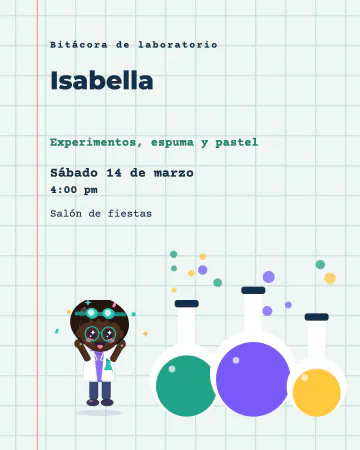 Laboratorio de cumple. Matraces de colores y burbujas sobre hoja cuadriculada.