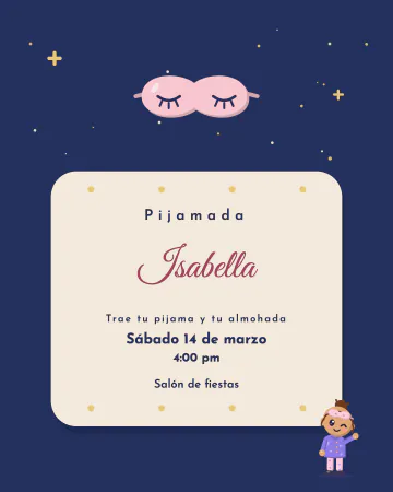 Pijamada de lujo. Antifaz, almohadas y estrellitas doradas sobre azul noche.
