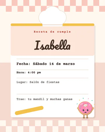 Receta de cumple. Una tarjeta de receta con los datos como ingredientes.
