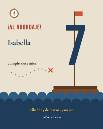 Siete mares. Un siete que es la vela de un barco pirata navegando entre olas.