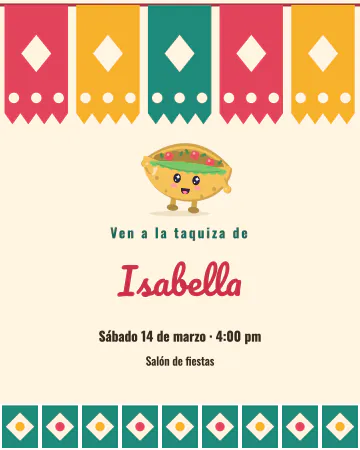 Taquiza de cumple. Papel picado, azulejos de colores y un taquito bien sonriente.