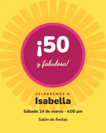 ¡50 y fabulosa!. Insignia retro de rayos sobre amarillo con la edad en grande y "¡y fabulosa!".