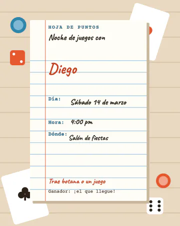 Juegos y botana. La hoja de puntos de la noche, con cartas y dados regados en la mesa.