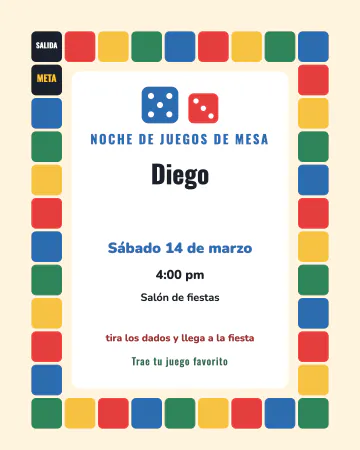 Noche de juegos de mesa. Un tablero con casillas de colores, dados y la meta en tu fiesta.