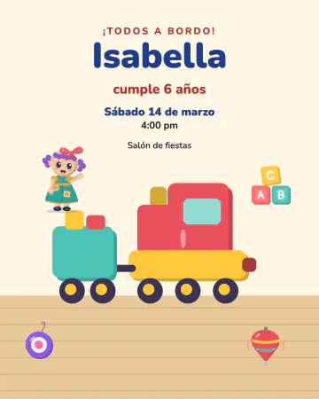 Tren de juguetes. Un trenecito de madera lleno de juguetes clásicos: cubos, yoyo, trompo y una muñeca de trapo.