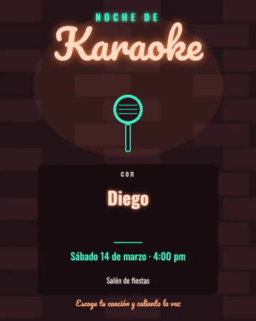 Karaoke en el bar. Un letrero de neón en la pared de ladrillo y el micrófono listo.