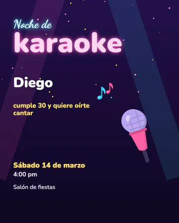 Noche de karaoke. Micrófono, luces de escenario y letras de neón rosa y azul.