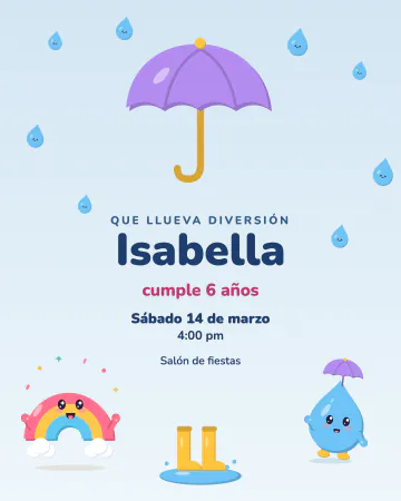 Día de lluvia. Un paraguas grande cubre el nombre mientras llueve gotitas de colores, con botas y charcos.