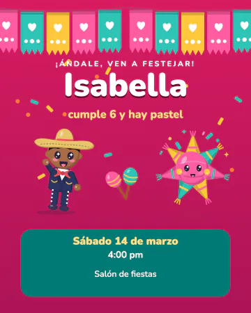 ¡Que viva la fiesta!. Papel picado, mariachi y piñata en rosa mexicano y turquesa.