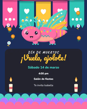Mi ajolote alebrije. Un ajolote con alas de colibrí, lleno de puntos y rayas, flota entre flores de cempasúchil y papel picado.