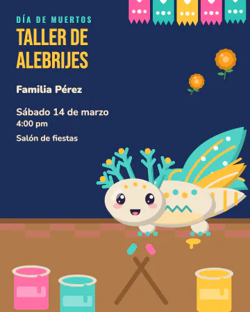 Alebrije sin terminar. Un ajolote alebrije a medio pintar en la mesa del taller.