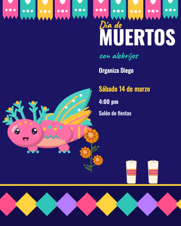 Alebrije de colores. Un alebrije inventado, mitad ajolote y mitad colibrí, lleno de puntos y rayas de colores.