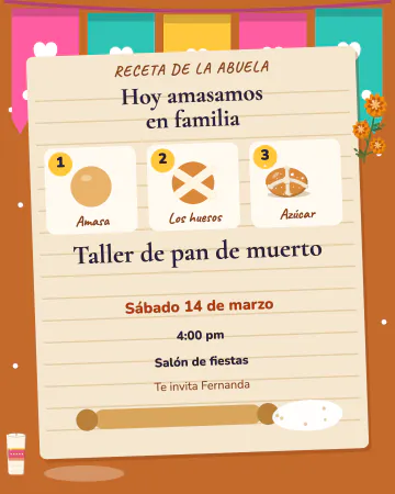 Amasamos pan de muerto. La receta en tres dibujos: bolita, huesos de masa y azúcar.