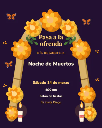 Bajo el arco de la ofrenda. Un arco de carrizo forrado de cempasúchil enmarca toda la invitación, como la entrada del altar.