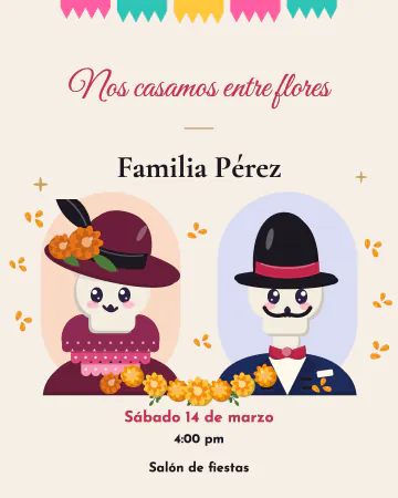 Catrines enamorados. Una catrina y un catrín bajo pétalos de cempasúchil.