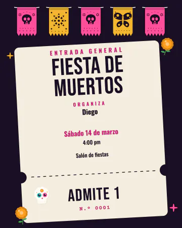 Boleto a la fiesta. Un boleto vertical con talón: la entrada a la fiesta de muertos con DJ o banda, bajo cinco banderitas de papel picado.