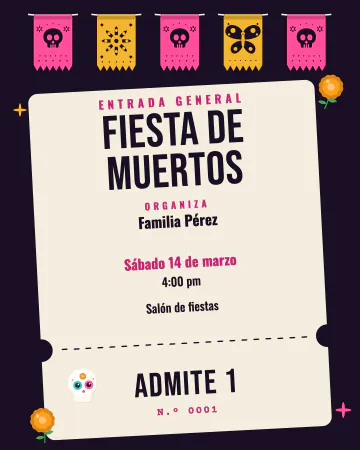 Boleto a la fiesta. Un boleto con su talón y papel picado.