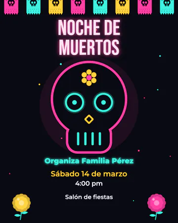 Calavera de neón. Una calavera de luces rosa y turquesa sobre negro.