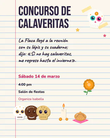 Concurso de calaveritas. Una hoja de cuaderno con una calaverita en verso de ejemplo.