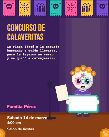 Calaveras al micrófono. Calaquita sube a la tarima a leer su calavera bajo el papel picado.
