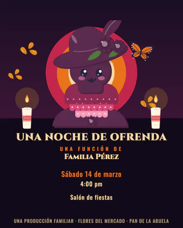Función de ofrenda. Como cartel de cine: una catrina a contraluz y los créditos de la familia abajo.