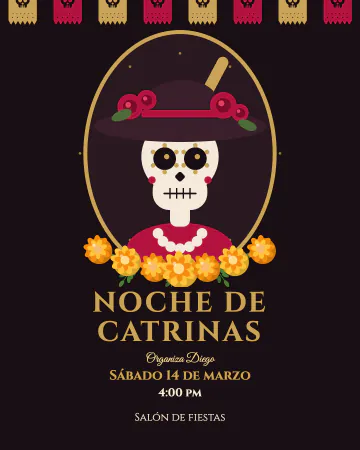 Catrina de gala. Una catrina elegante con sombrero de flores, en negro, rojo y dorado.