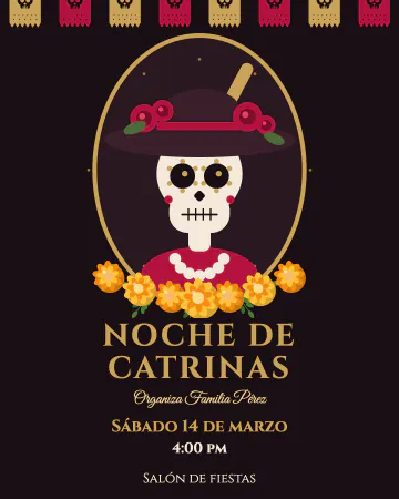 Catrina de gala. Una catrina con sombrero de flores en negro, rojo y dorado.