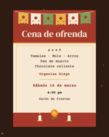 Cena de ofrenda. Como el menú de una cena: tamales, mole, pan de muerto y chocolate.