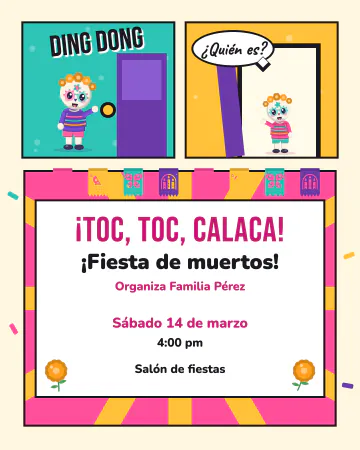 Toc, toc, calaca. Una calaca toca el timbre y se arma la fiesta, en tres viñetas de cómic.