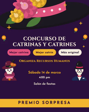 Concurso de catrinas. Las categorías y el premio bajo un gran sombrero de catrina.