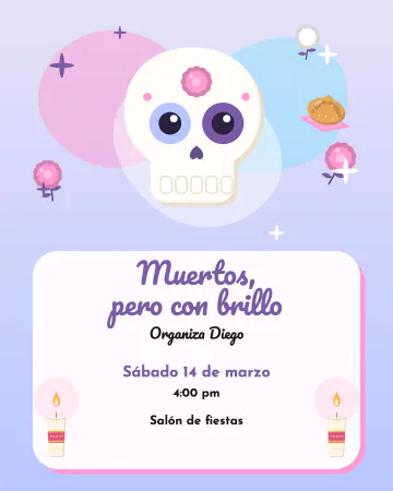 Calaverita cromada. Una calaverita y flores con brillo iridiscente, destellos de estrella y letras redondas sobre un degradado lila y celes…