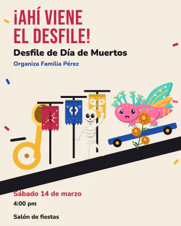 Gran desfile. Estandartes de papel picado, un alebrije gigante y una tuba.