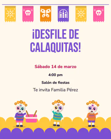 Desfile del kínder. Banderitas, un tambor y una fila de calaquitas.