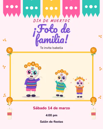 La familia calaquita. Tres calaquitas tiernas, abuela, papá y bebé, posan para la foto de familia en un marco de flores.