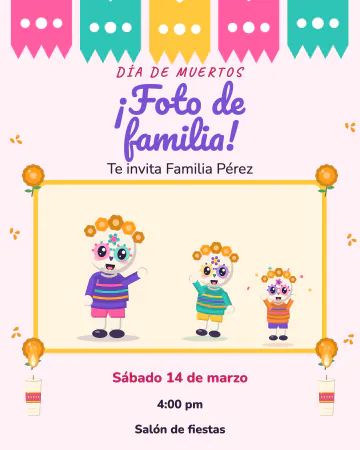 La familia calaquita. Abuela, papá y bebé calaquitas posan para la foto en un marco de flores.