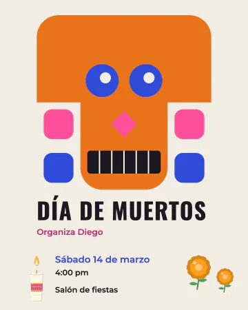 Calavera geométrica. Una calavera armada solo con círculos, esquinas redondas y rectángulos en rejilla, como cartel suizo.