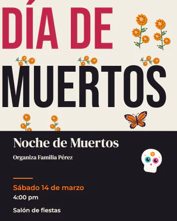 MUERTOS en grande. La palabra MUERTOS a todo lo ancho, con cempasúchil entre las letras.