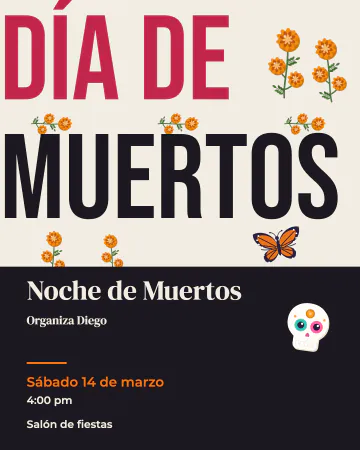 MUERTOS en grande. La palabra MUERTOS enorme, a todo lo ancho de la hoja, con cempasúchil creciendo entre las letras.