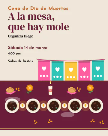 Mesa larga de muertos. La mesa larga vista desde arriba, con platos de mole y velas en fila: cena de Día de Muertos para muchos.