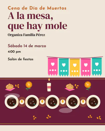 A la mesa, que hay mole. La mesa larga con platos de mole y velas en fila.