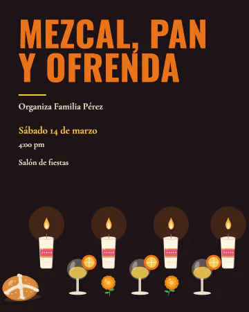 Mezcal y ofrenda. Copitas de mezcal, naranja y velas.