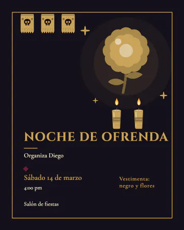 Negro y oro. Lujo silencioso: negro de tinta, una línea dorada y un solo cempasúchil de oro, para una cena de gala de Día de Muertos.