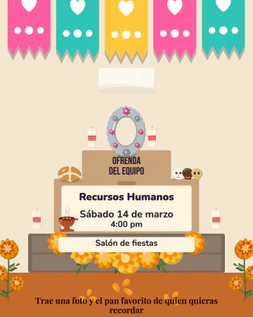 Ofrenda de archivero. La oficina pone su ofrenda: cajas de archivo como escalones, veladoras y cempasúchil.