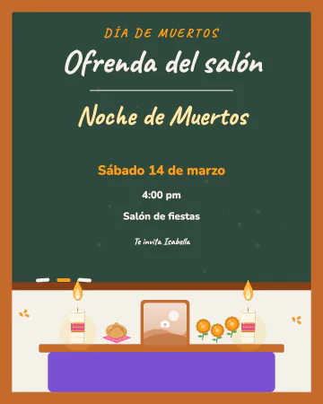 Ofrenda del salón. Un pizarrón verde con letra de gis anuncia la ofrenda del grupo, con la mesita abajo.