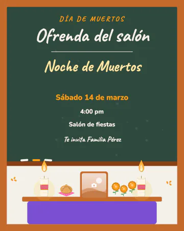 Ofrenda del salón. Un pizarrón con letra de gis anuncia la ofrenda del grupo, con su mesita abajo.