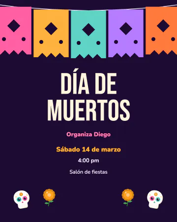 Papel picado de muertos. Hileras de papel picado de colores sobre fondo morado oscuro.