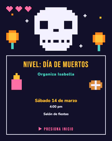Calaverita de pixeles. Calaverita y cempasúchil de 8 bits, con barra de vidas, una veladora, un pan de muerto y un cuadro de diálogo de videoj…