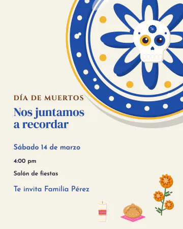 Plato de azulejo. Un plato azul y blanco con una calaverita pintada al centro.