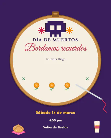 Bordado en punto de cruz. Flores y calaveritas hechas de cuadritos, como bordado en punto de cruz, en un bastidor de madera.